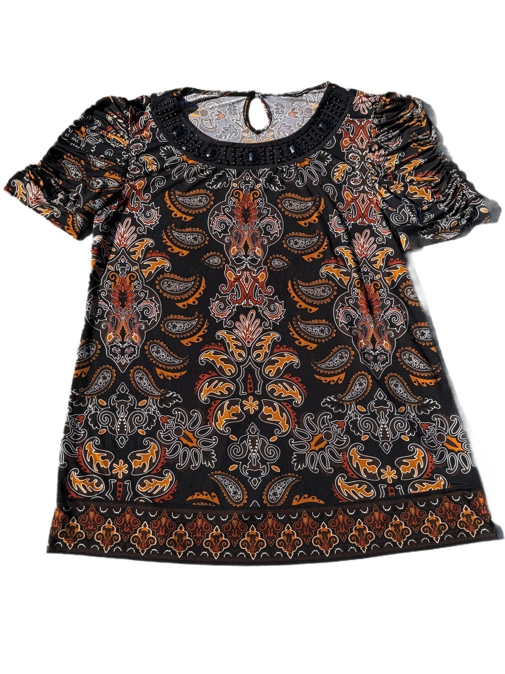 Boho Paisley Blouse Beaded Neckline Puff Sleeve Top Black Rust